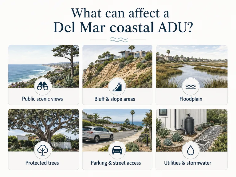 Del Mar Coastal Zone ADU risk-trigger overlay diagram showing Coastal Bluff Overlay, Beach Overlay, Bluff/Slope/Canyon Overlay, and floodplain zones.