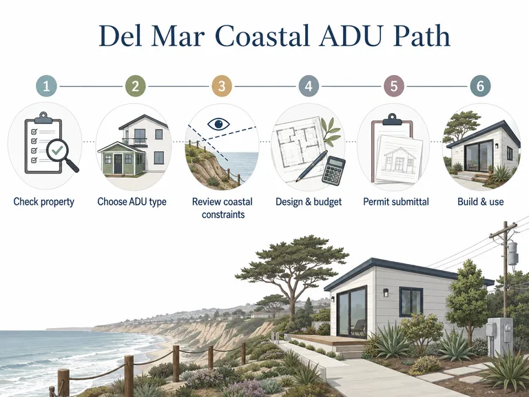 Del Mar Coastal ADU Path: 6-step overview from site analysis to certificate of occupancy.