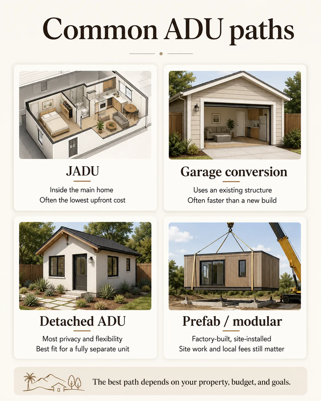 Common ADU paths in El Cajon: JADU (inside the main home, often lowest upfront cost), garage conversion (uses an existing structure, often faster), detached ADU (most privacy and flexibility), prefab/modular (factory-built, site-installed, local fees still matter)