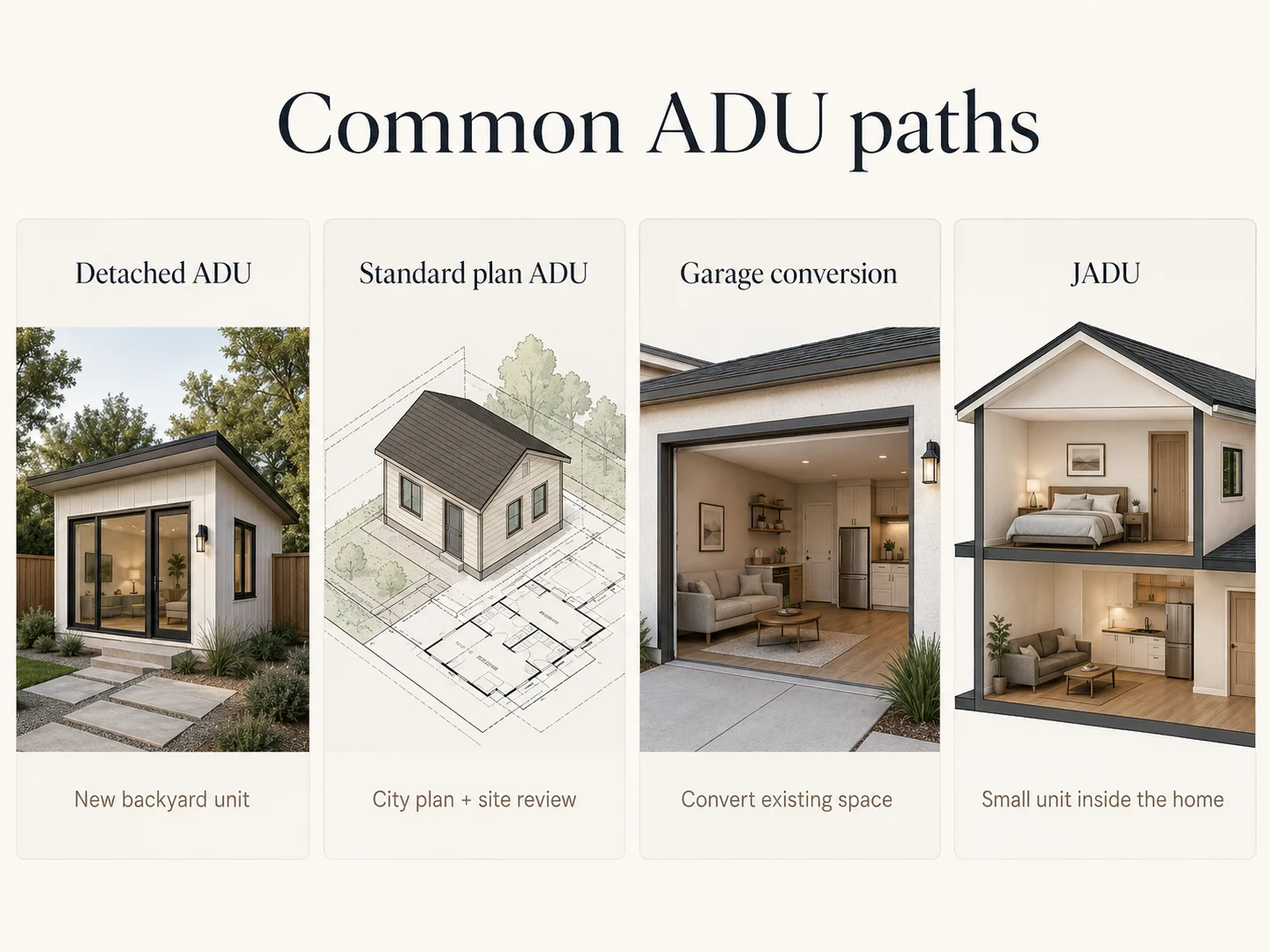 Common ADU paths in El Cajon: detached new construction, standard plan ADU, garage conversion, and JADU