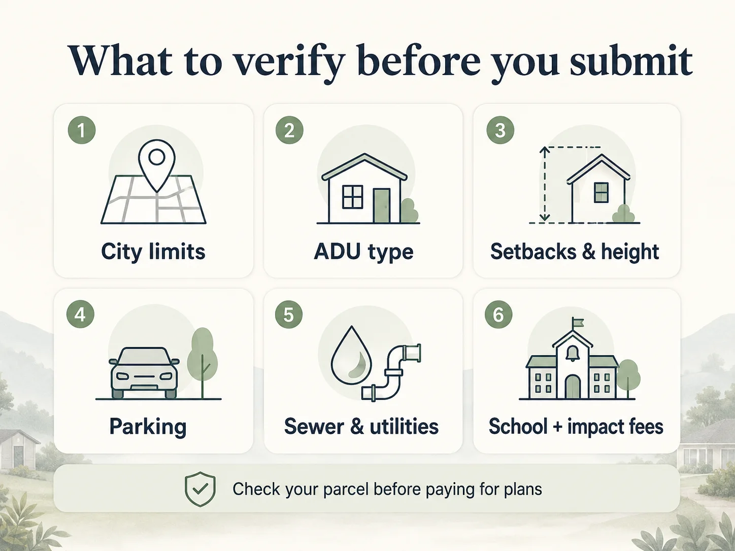 Six things to verify before submitting an El Cajon ADU permit: city limits, ADU type, setbacks and height, parking, sewer and utilities, school and impact fees