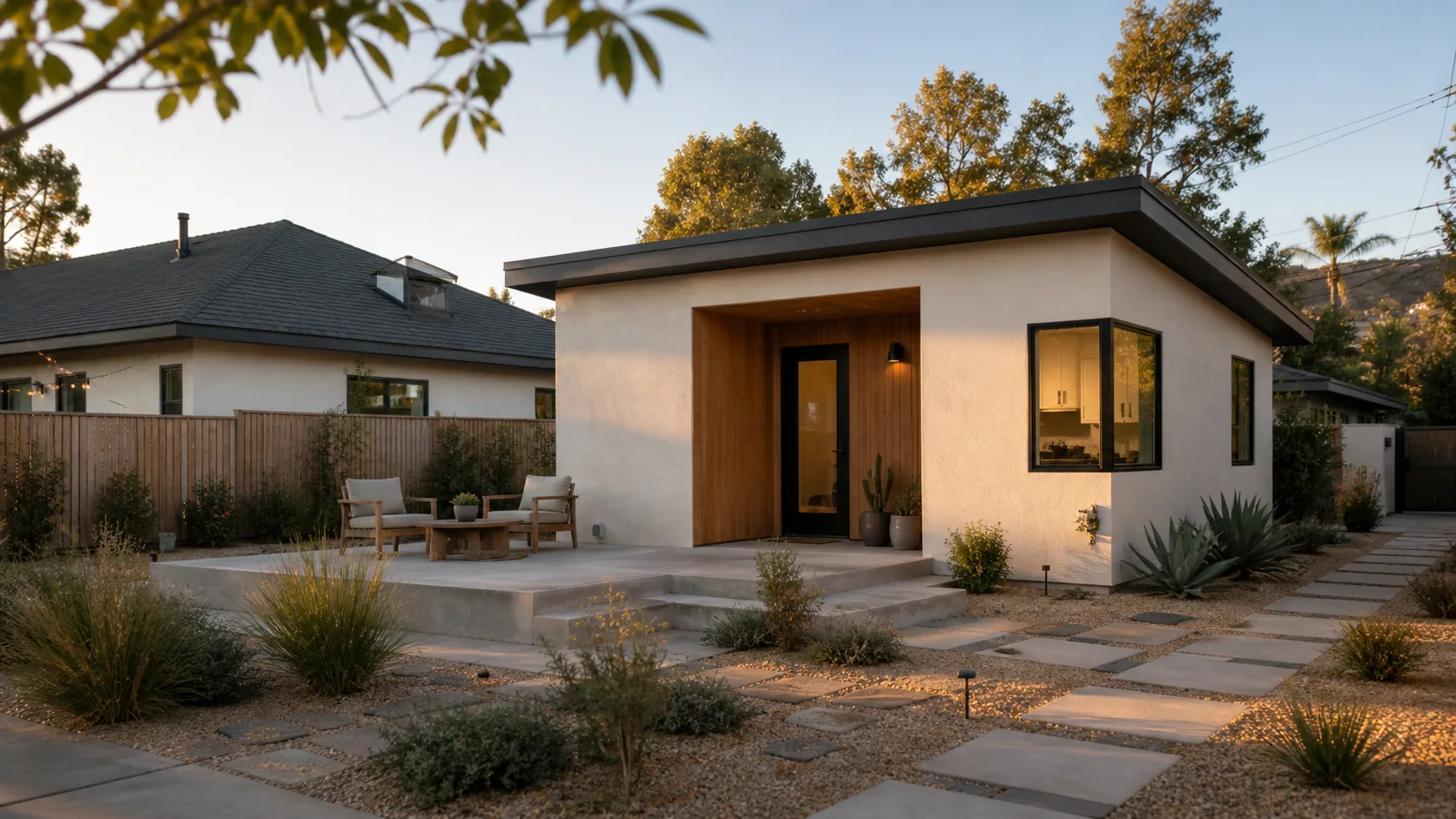 Finished detached ADU with stucco exterior, wood-clad covered entry, and desert-tolerant landscaping in El Cajon, California at dusk