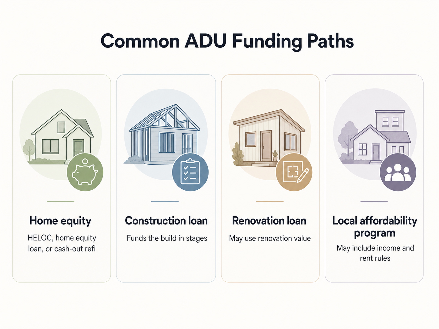 Common ADU Funding Paths: Home equity (HELOC, home equity loan, or cash-out refi), Construction loan, Renovation loan, and Local affordability program