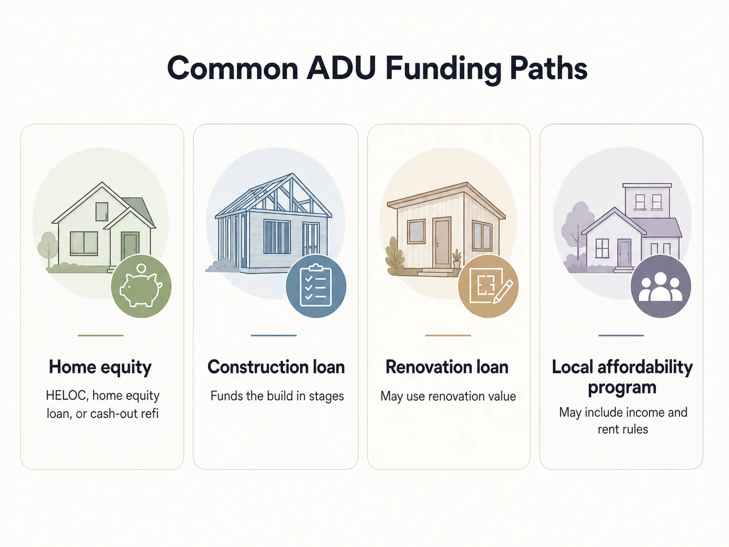 Common ADU Funding Paths: Home equity (HELOC, home equity loan, or cash-out refi), Construction loan, Renovation loan, and Local affordability program