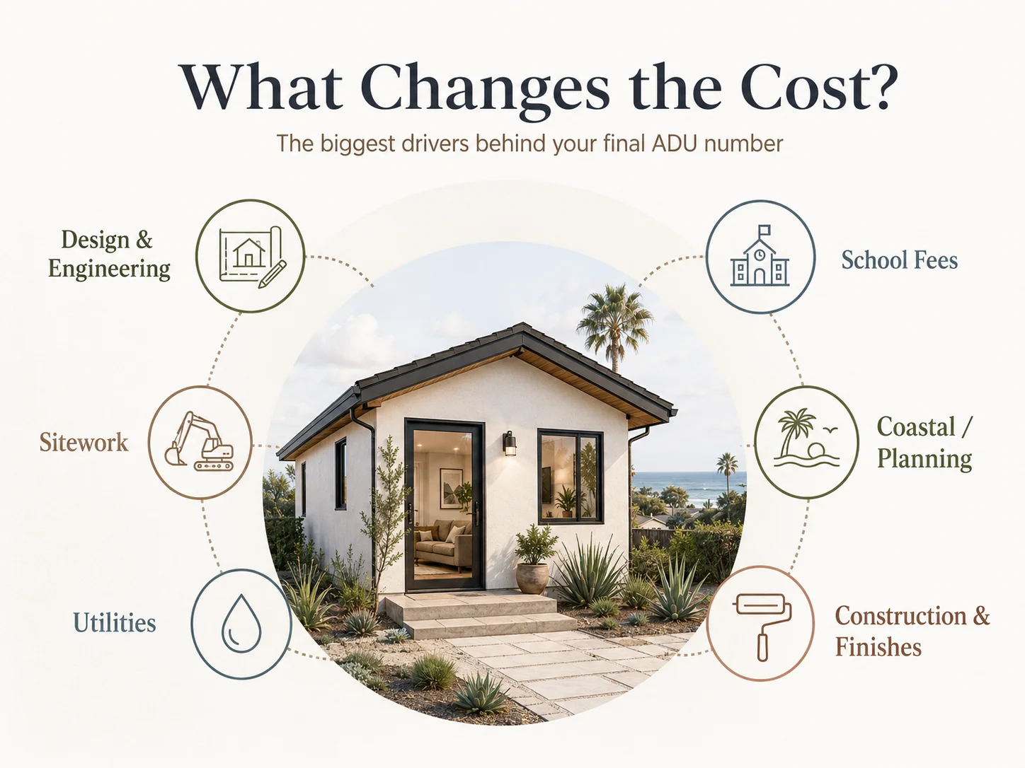 What changes the cost of an Encinitas ADU — infographic showing key cost variables including sitework, utilities, finish level, and coastal zone