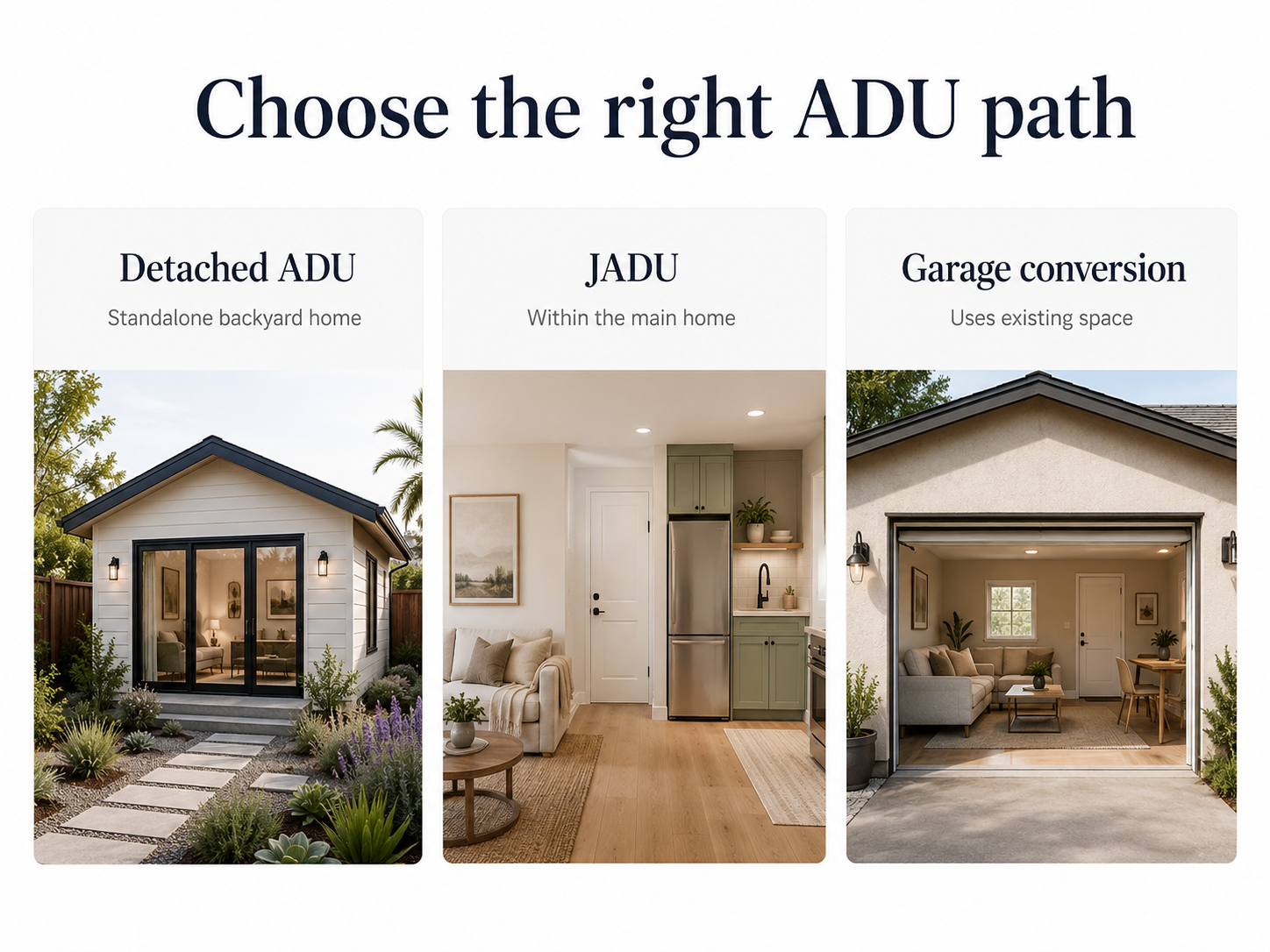 Comparison diagram for choosing the right ADU type in Encinitas: detached, attached, conversion, or JADU