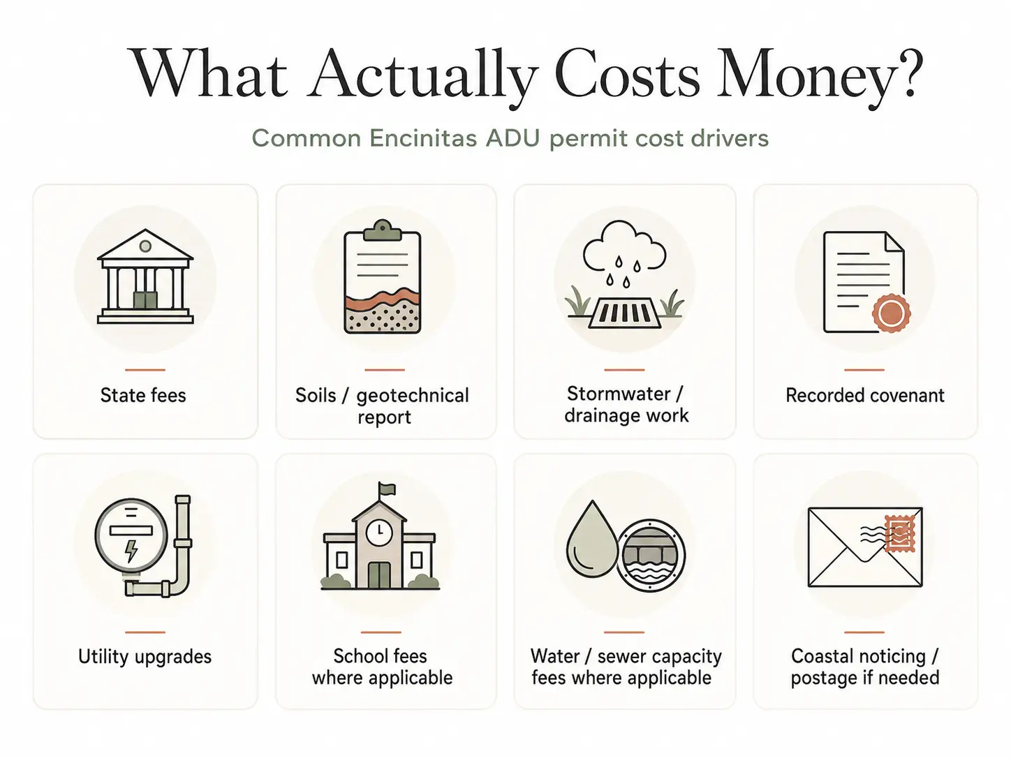 Encinitas ADU permit cost drivers infographic