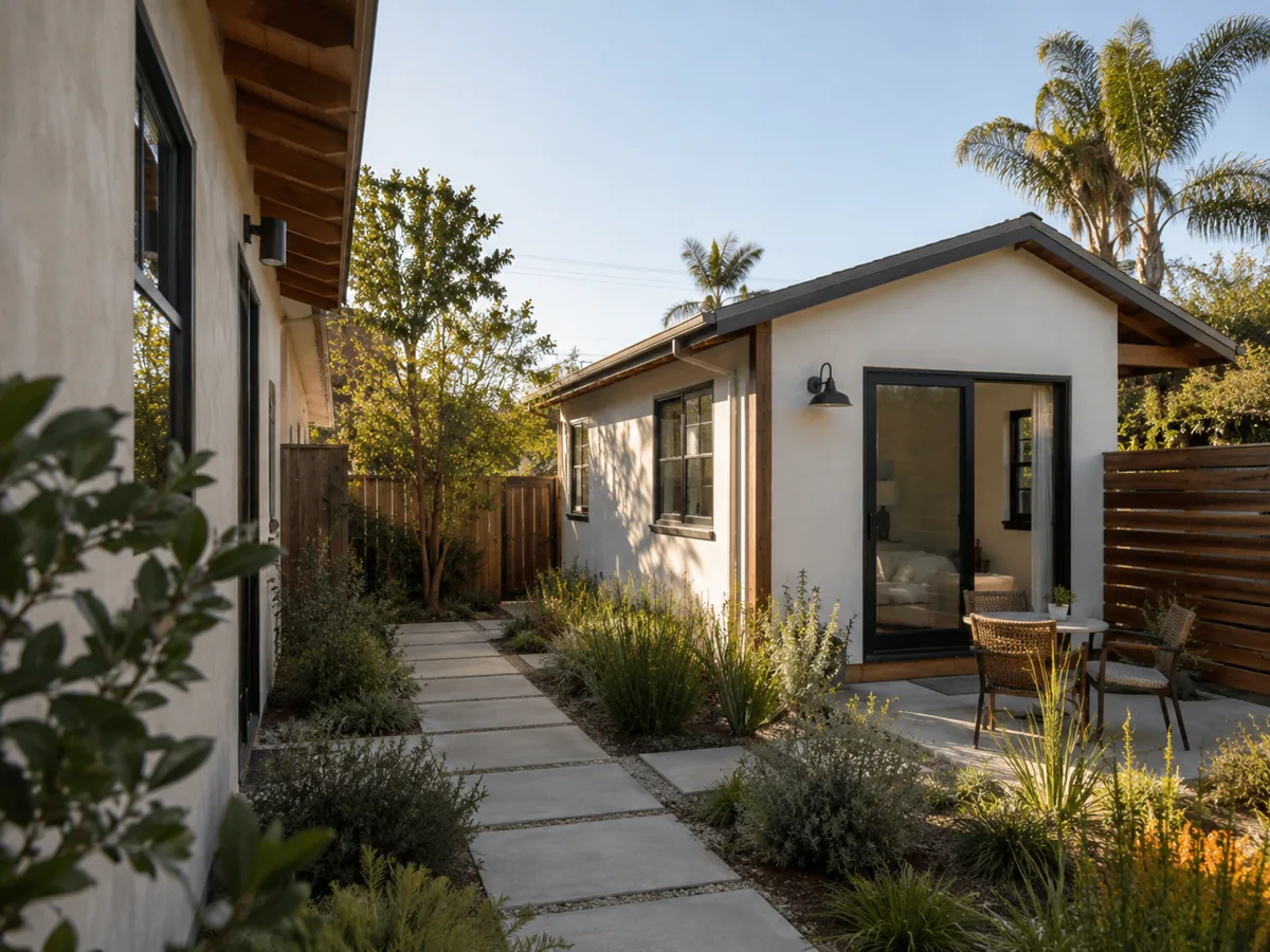 Completed Encinitas detached ADU exterior with paved pathway, modern stucco finish, and lush drought-tolerant landscaping