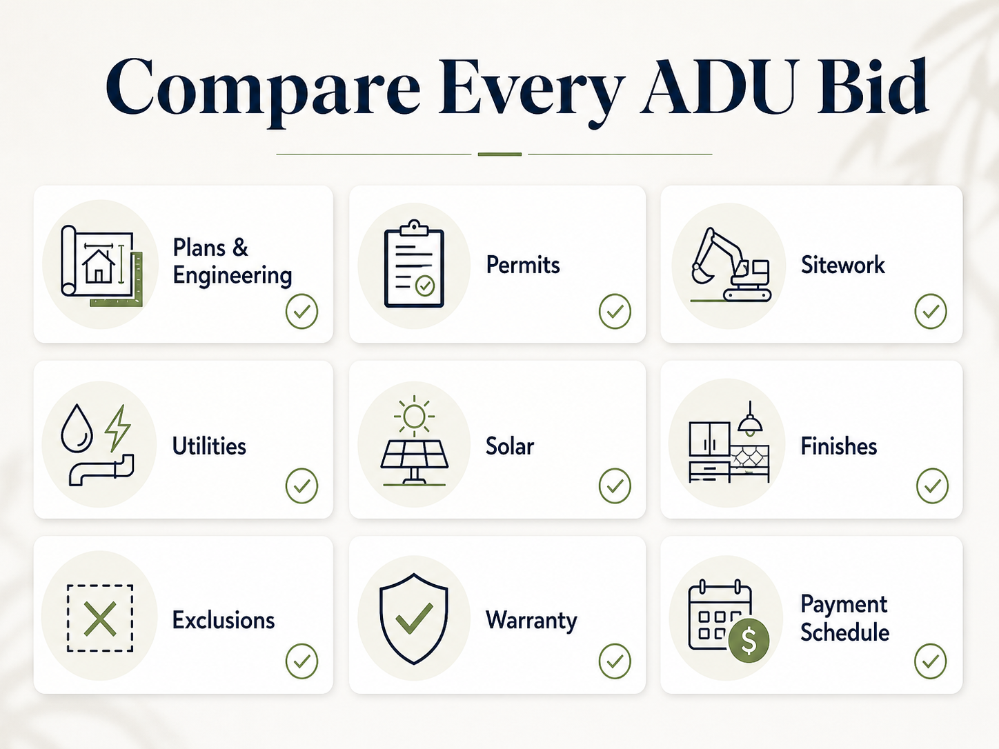 Compare every ADU bid: plans and engineering, permits, sitework, utilities, solar, finishes, exclusions, warranty, payment schedule