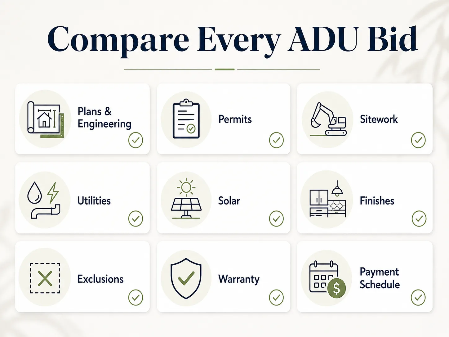 Compare every ADU bid: plans and engineering, permits, sitework, utilities, solar, finishes, exclusions, warranty, payment schedule