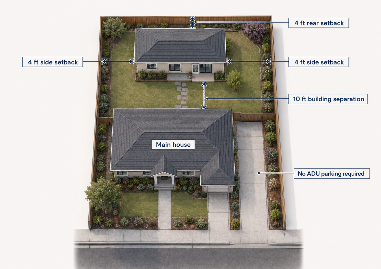 Escondido ADU site plan example showing 4-foot side and rear setbacks, 10-foot building separation, and no parking required