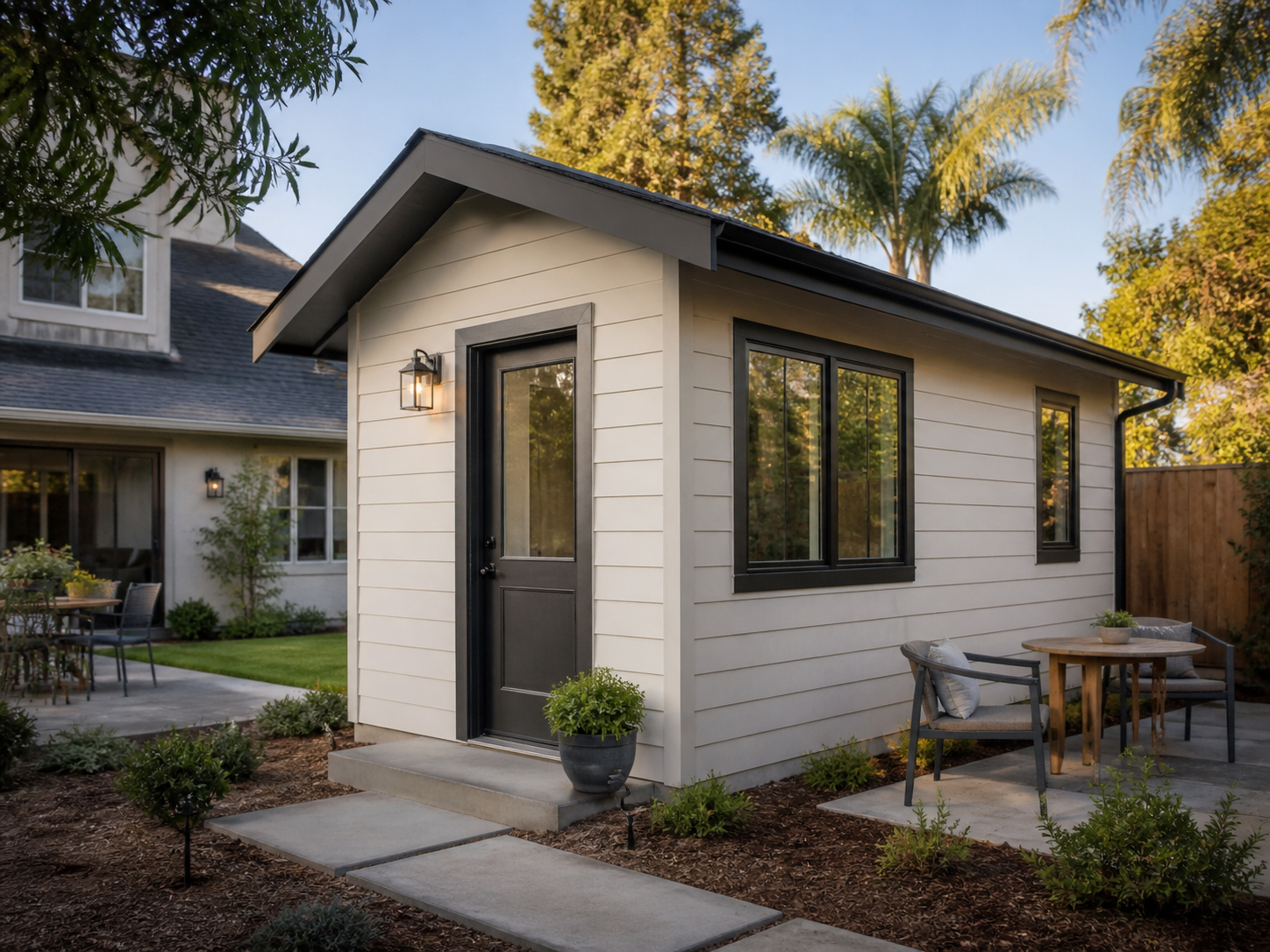 Completed compact detached ADU with white lap siding, black trim, and patio furniture in North San Diego County