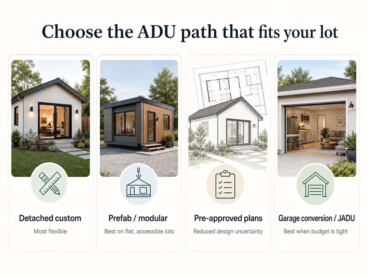 Choose the ADU path that fits your lot: Detached custom, Prefab / modular, Pre-approved plans, Garage conversion / JADU — with description of each