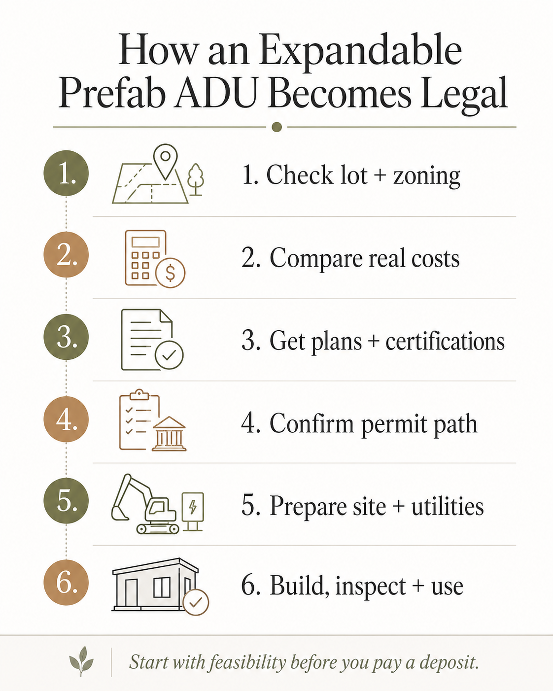 How an expandable prefab ADU becomes legal: 6 steps from lot and zoning check, to compare real costs, get plans and certifications, confirm permit path, prepare site and utilities, then build inspect and use