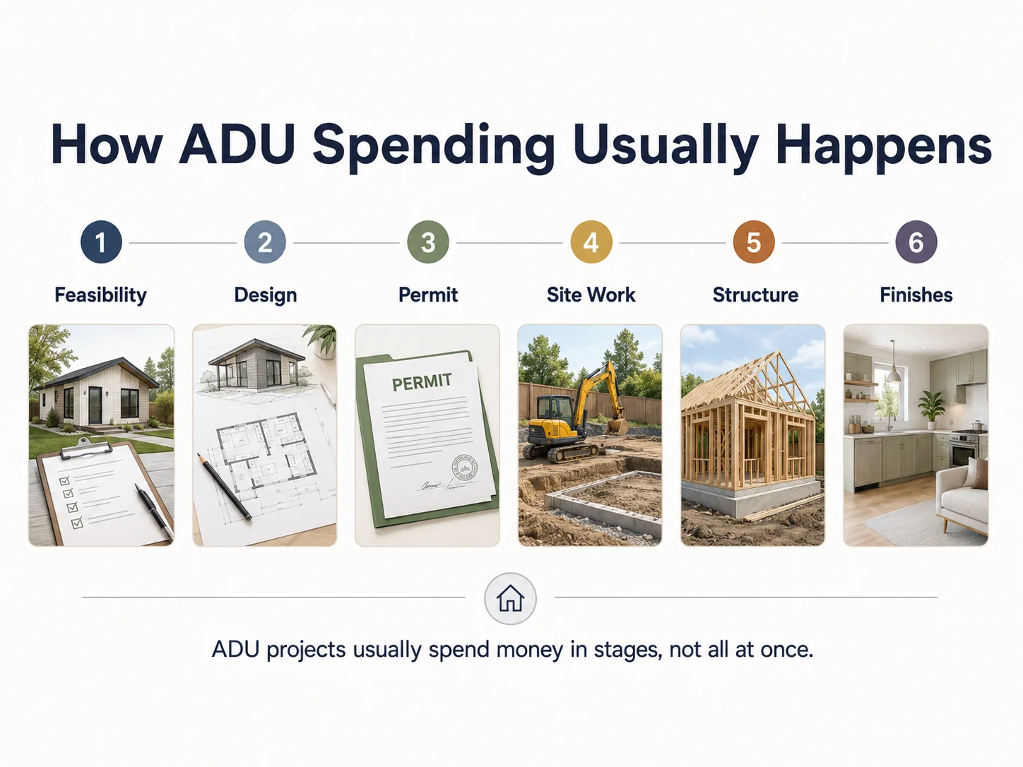 How ADU Spending Usually Happens — 6 stages: Feasibility, Design, Permit, Site Work, Structure, Finishes. ADU projects usually spend money in stages, not all at once.