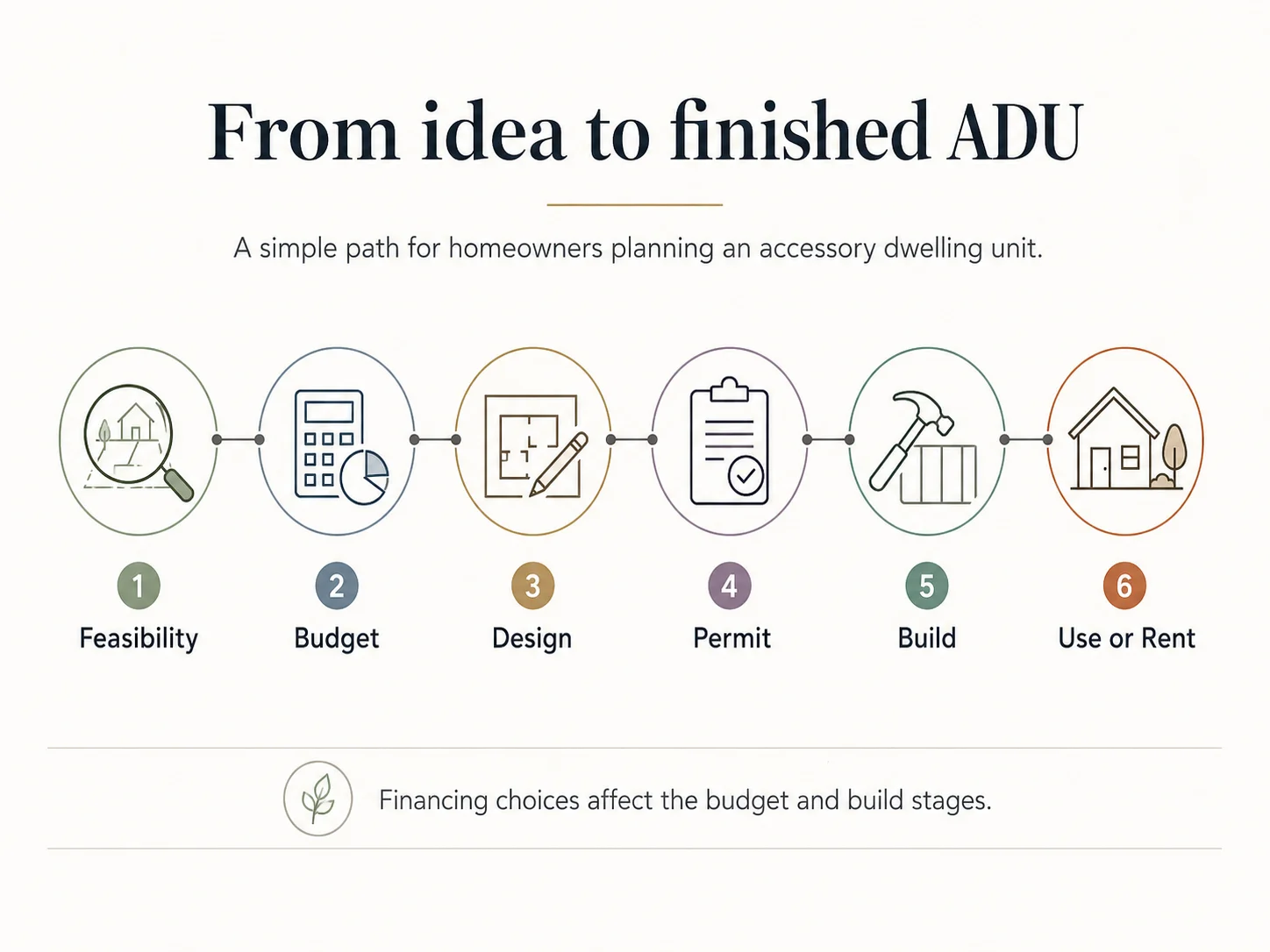 From idea to finished ADU: six phases illustrated — 1 Feasibility, 2 Budget, 3 Design, 4 Permit, 5 Build, 6 Use or Rent. Financing choices affect the budget and build stages.