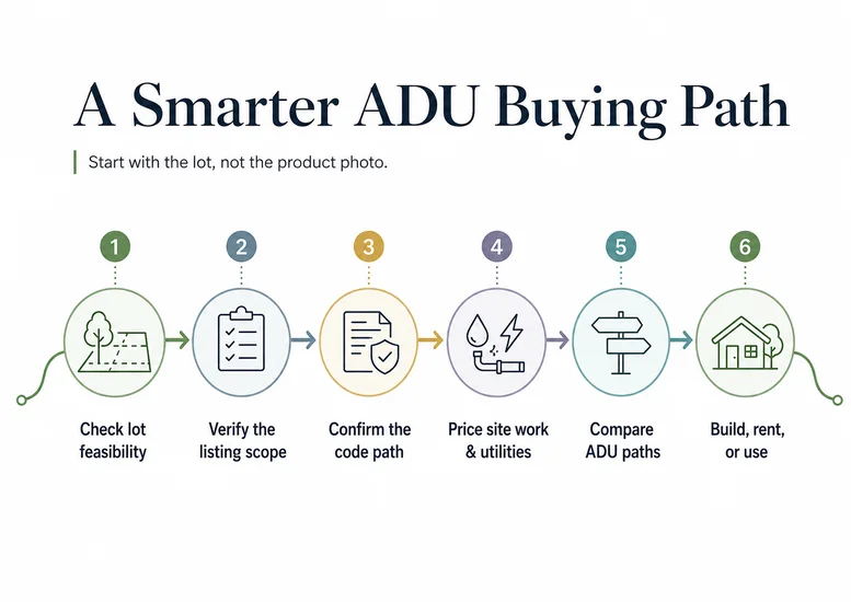 A smarter ADU buying path — 6 steps from lot feasibility to move-in.