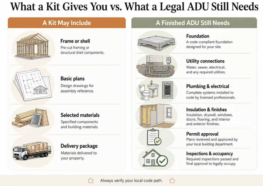 What a Home Depot ADU kit includes versus what a legal ADU still needs.