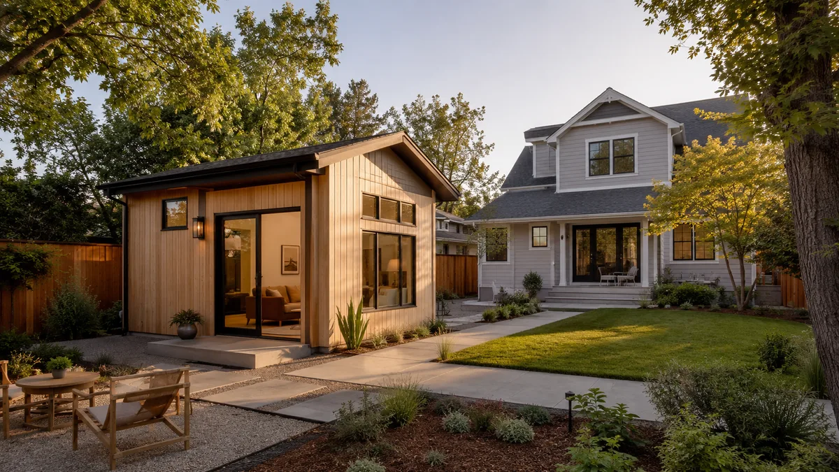 Home Depot ADU steel frame kit completed as a finished backyard accessory dwelling unit on a permanent foundation