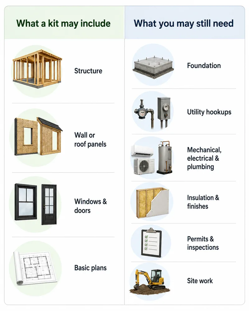 Home Depot ADU kit — what a kit may include (structure, wall panels, windows, basic plans) vs. what you may still need (foundation, utility hookups, MEP, insulation, permits, site work)
