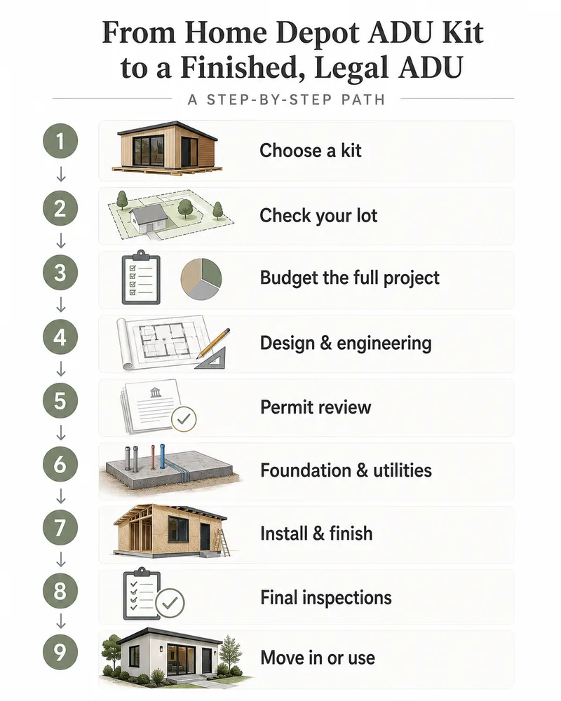 From Home Depot ADU kit to a finished, legal ADU: 9-step path from choosing a kit through permit review, foundation, installation, final inspections, and move-in