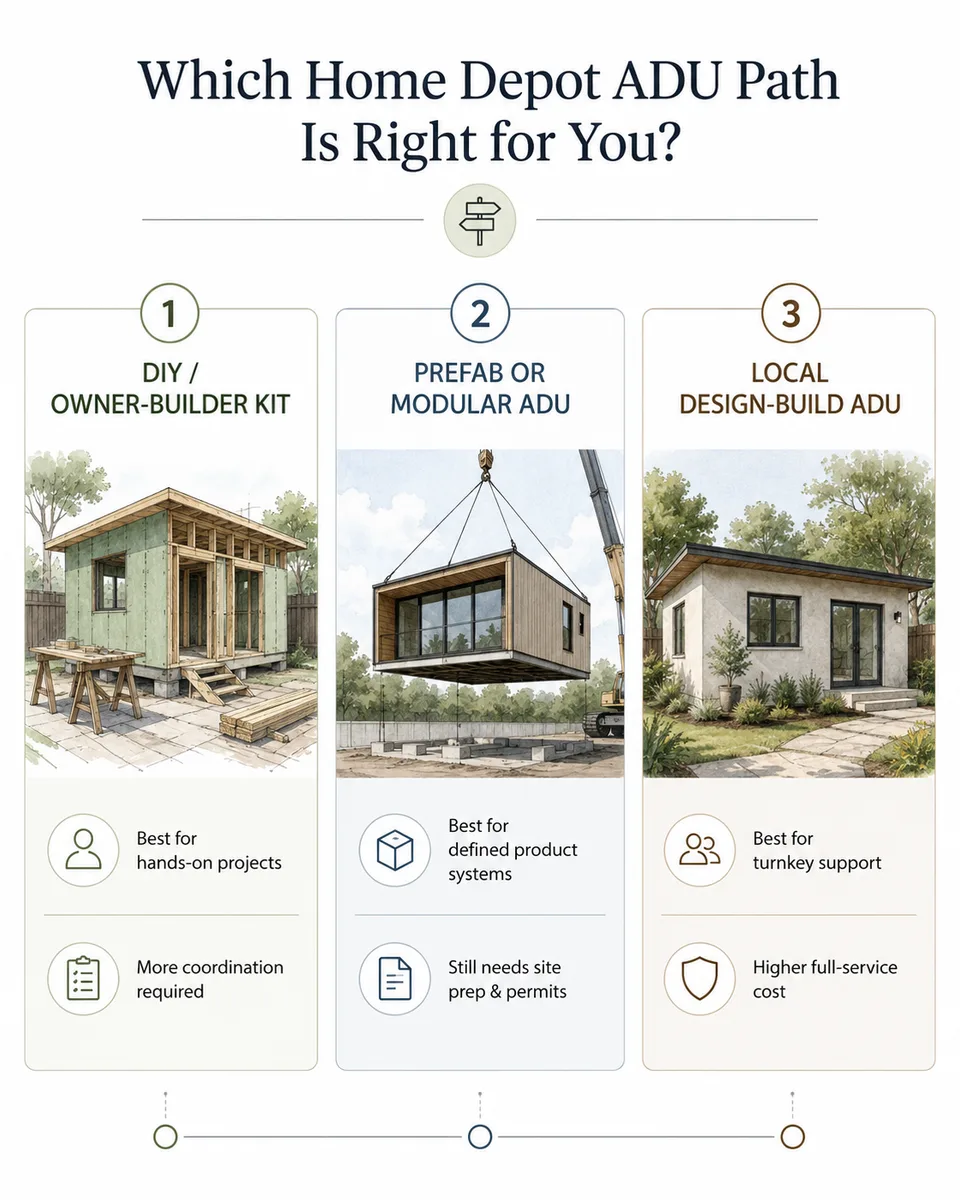 Which Home Depot ADU path is right for you? Three options compared: DIY/owner-builder kit, prefab or modular ADU, local design-build ADU