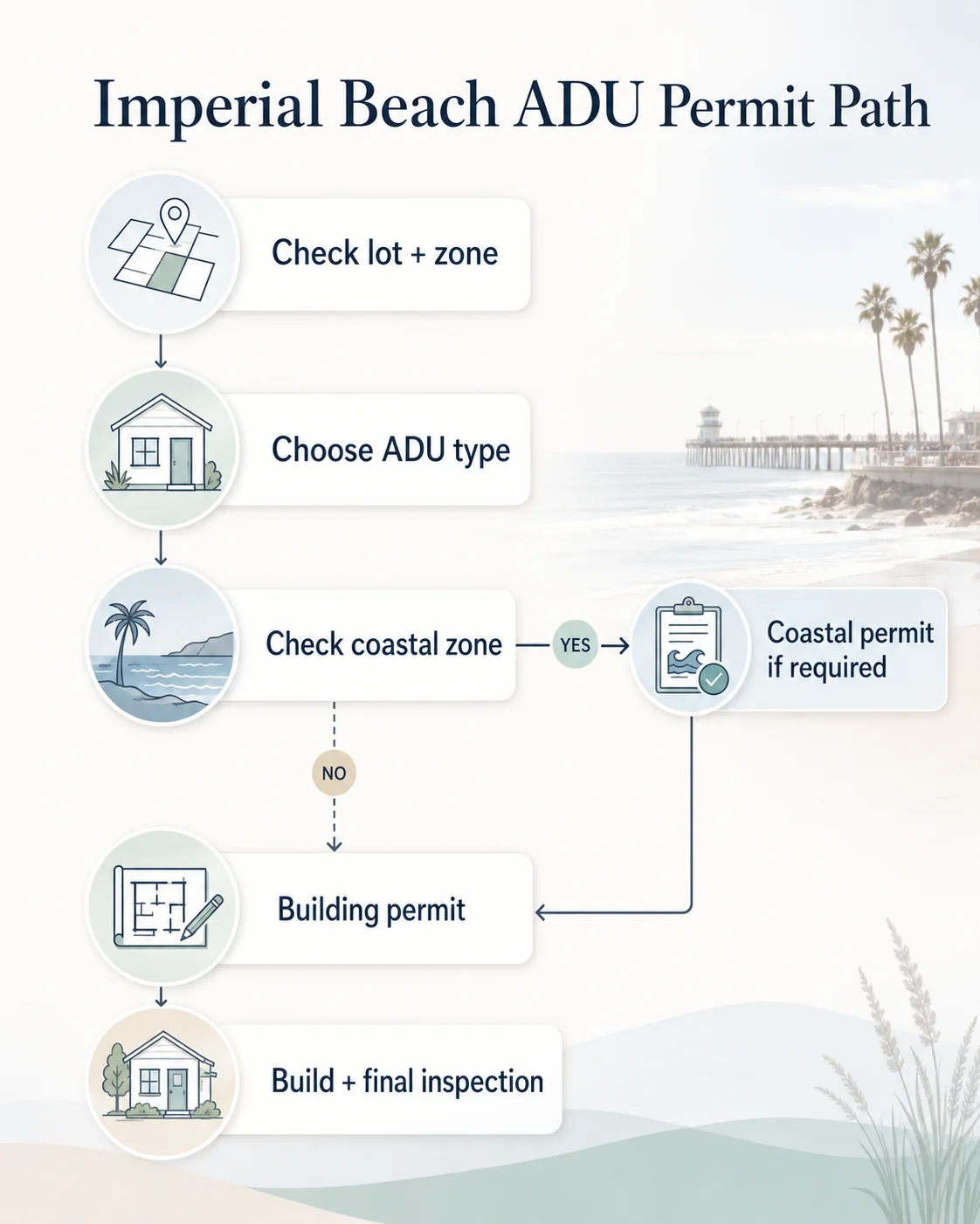 Flowchart showing the Imperial Beach ADU permit path: check lot and zone, choose ADU type, check coastal zone, get coastal permit if required, then building permit, then build and final inspection.