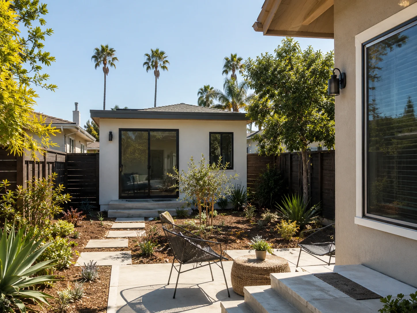 Detached backyard ADU in a Southern California neighborhood with concrete stepping stones, a young olive tree, and rattan patio chairs in the foreground.