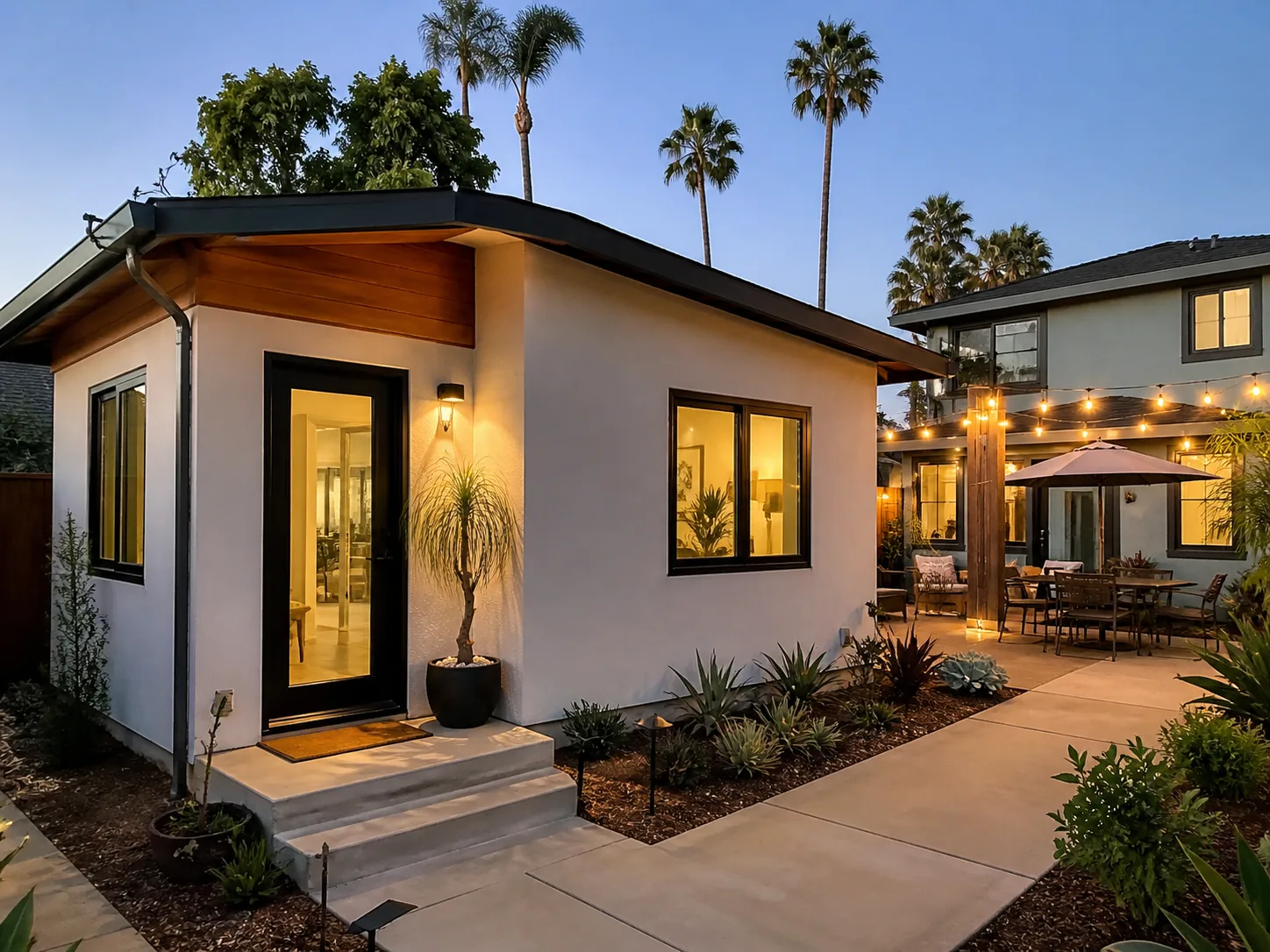 Detached ADU at dusk in a Southern California coastal neighborhood, showing exterior lighting and outdoor living space typical of Imperial Beach new construction.