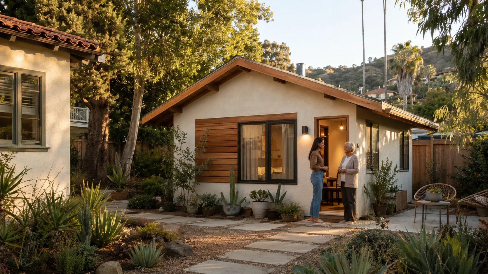 Detached accessory dwelling unit (ADU) behind a Los Angeles single-family home — the type of legally permitted unit the LA ADU Accelerator Program matched with senior tenants