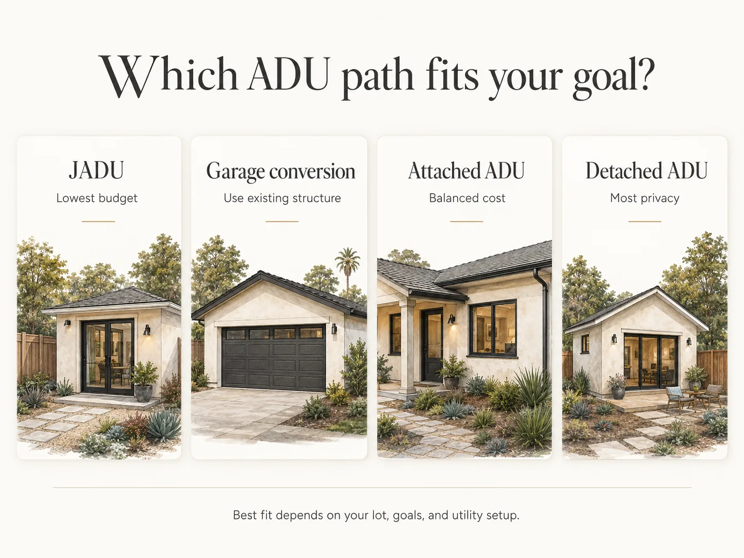 Which ADU path fits your goal — La Mesa ADU type decision guide: garage conversion vs attached vs detached ADU comparison