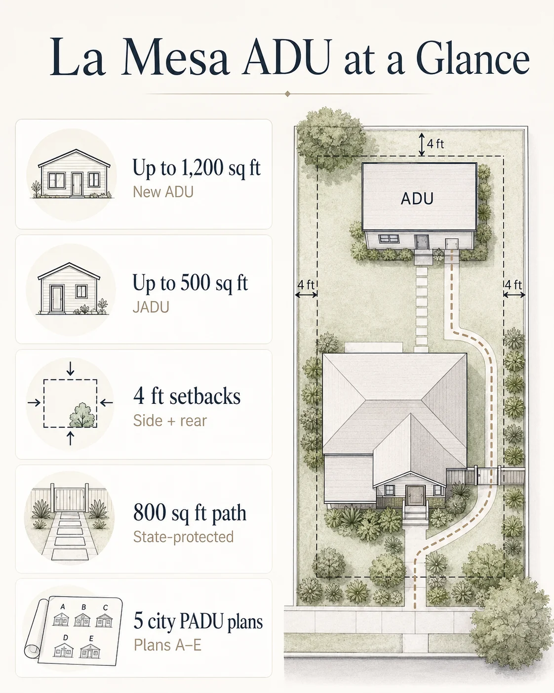 La Mesa ADU at a Glance infographic summarizing key 2026 rules