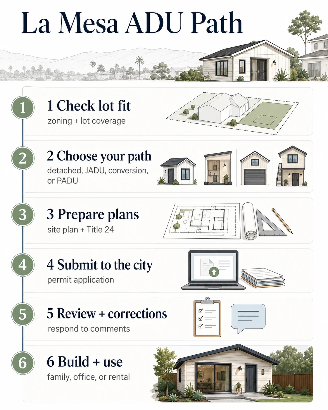 La Mesa ADU path: 6-step sequence from jurisdiction check to MaintStar submission