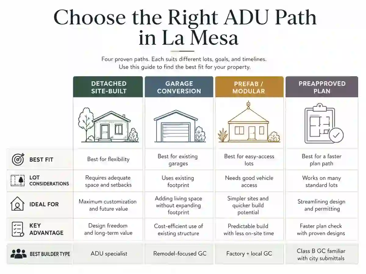 Match the builder to the project — four La Mesa ADU build paths and the builder type each requires