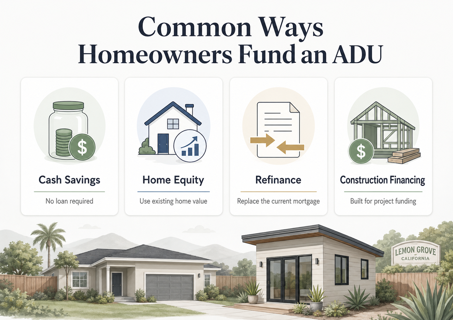 Common ways homeowners fund an ADU in Lemon Grove: cash savings, home equity (HELOC), refinance, and construction financing