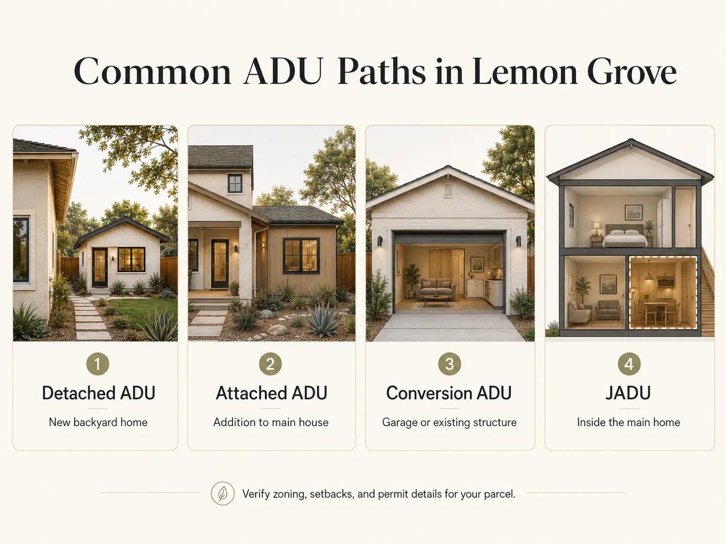 Lemon Grove ADU paths by lot type — detached, attached, JADU, and multifamily