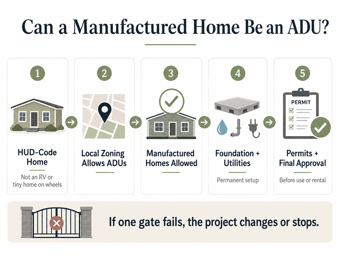 Infographic showing the 5-gate legal test for manufactured home ADU approval