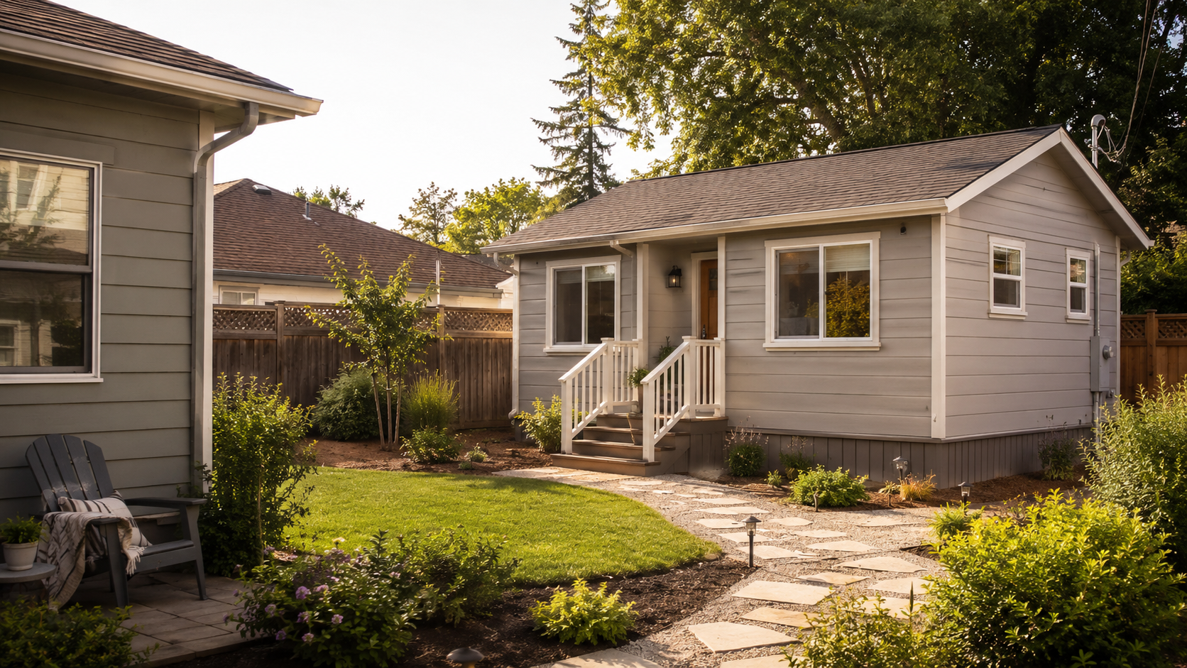 Manufactured home ADU installed as a backyard unit on a residential lot