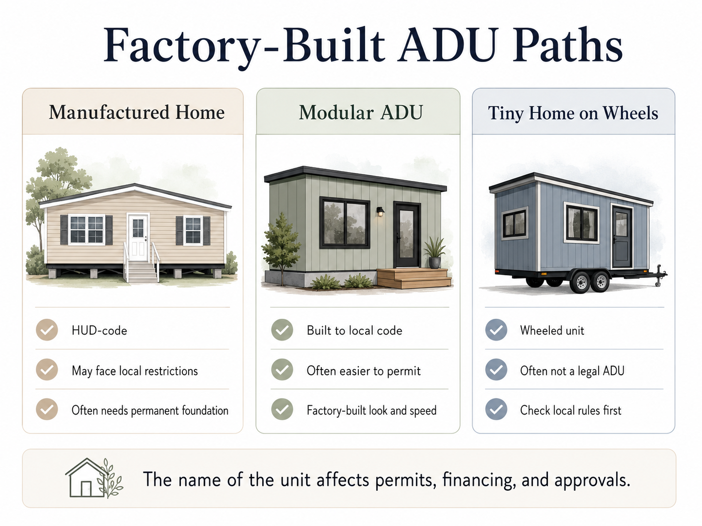 Comparison chart showing manufactured home, modular, prefab, mobile home, and tiny home ADU build types and their key differences