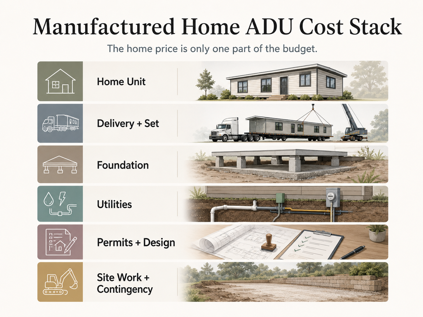 Visual breakdown of manufactured home ADU cost stack showing unit price, foundation, utilities, permits, and site work layers