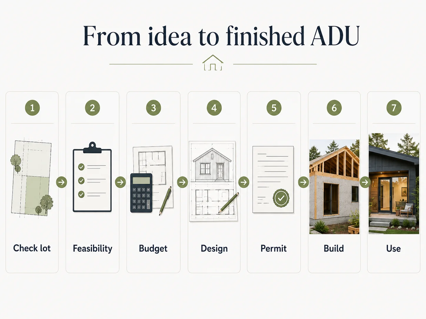 Seven-step process from lot check to completed ADU: Check lot, Feasibility, Budget, Design, Permit, Build, Use.