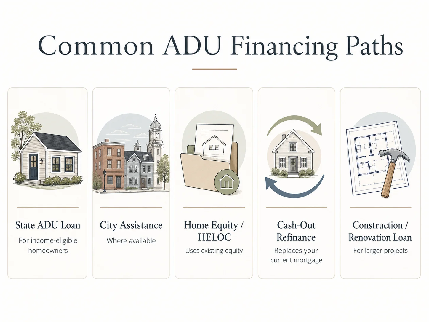 Common ADU financing paths for Massachusetts homeowners: state loan, city assistance, HELOC, cash-out refinance, and construction loan.