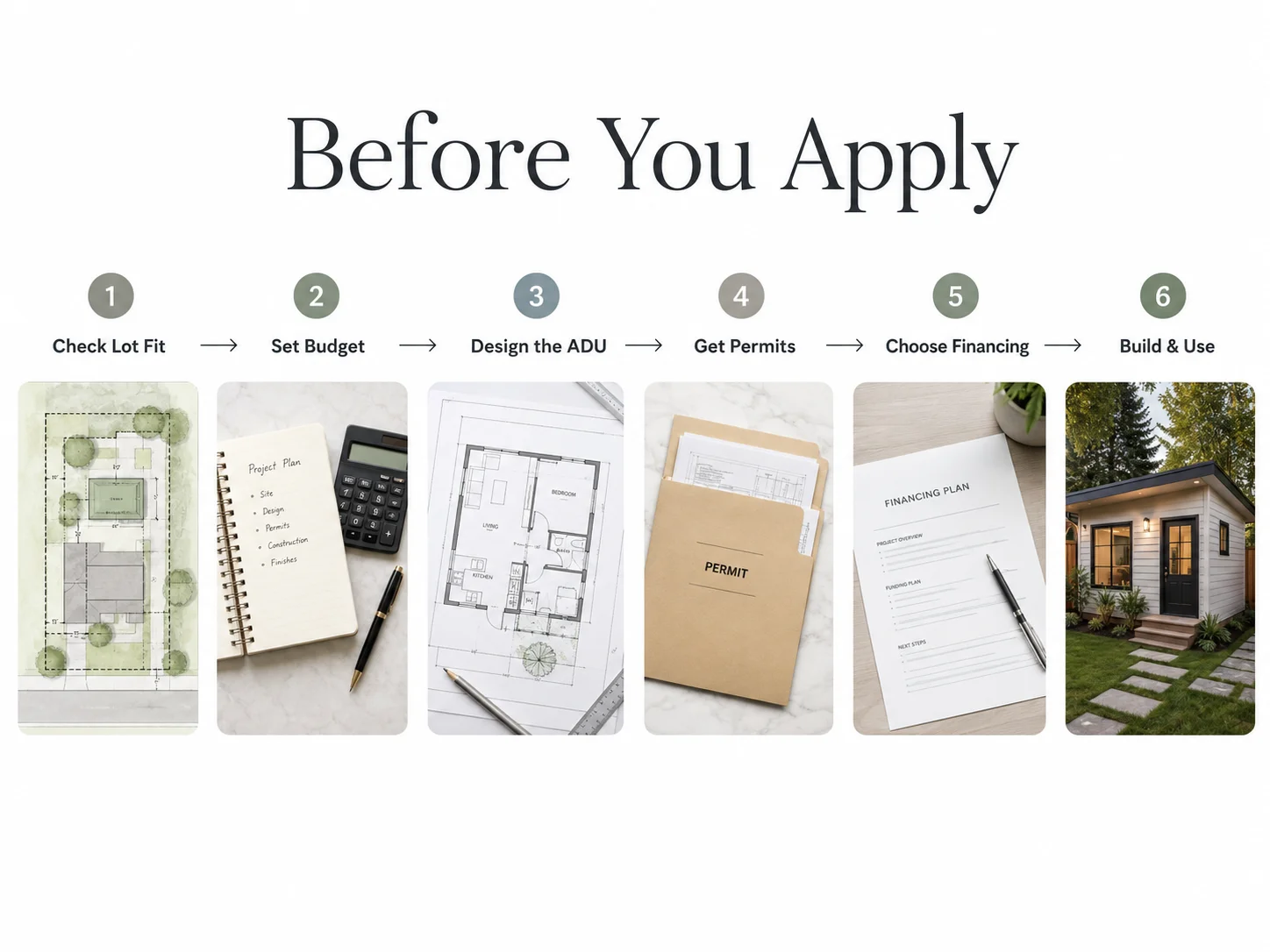 Six-step process before applying for a Massachusetts ADU loan: lot check, budget, design, permits, financing, and build.