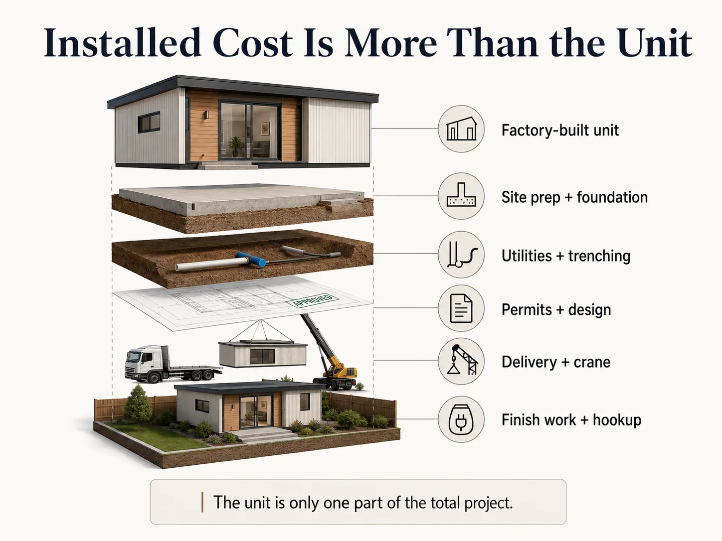 Installed cost of a modular ADU breakdown — factory-built unit, site prep and foundation, utilities and trenching, permits and design, delivery and crane, finish work and hookup