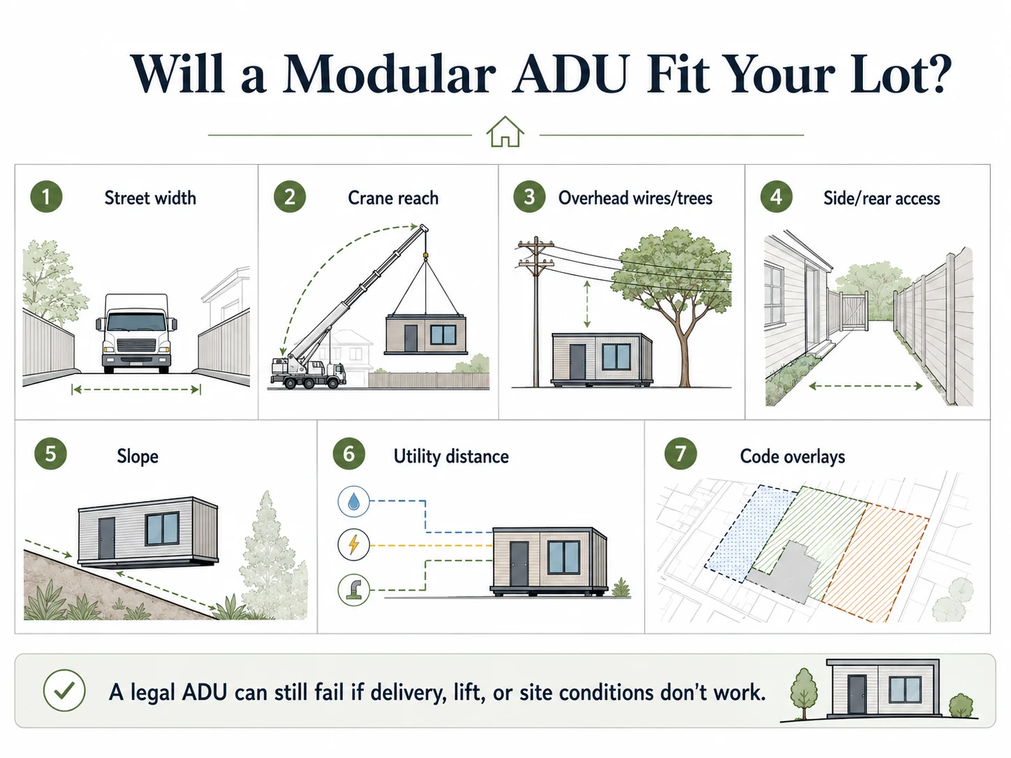 Seven lot-fit checks for a prefab modular ADU delivery: street width, crane reach, overhead wires, side/rear access, slope, utility distance, and code overlays