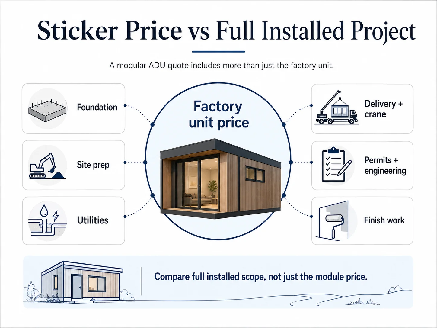 Prefab modular ADU all-in cost breakdown: factory unit price vs. site-work layers including foundation, utilities, delivery, permits, and finish work