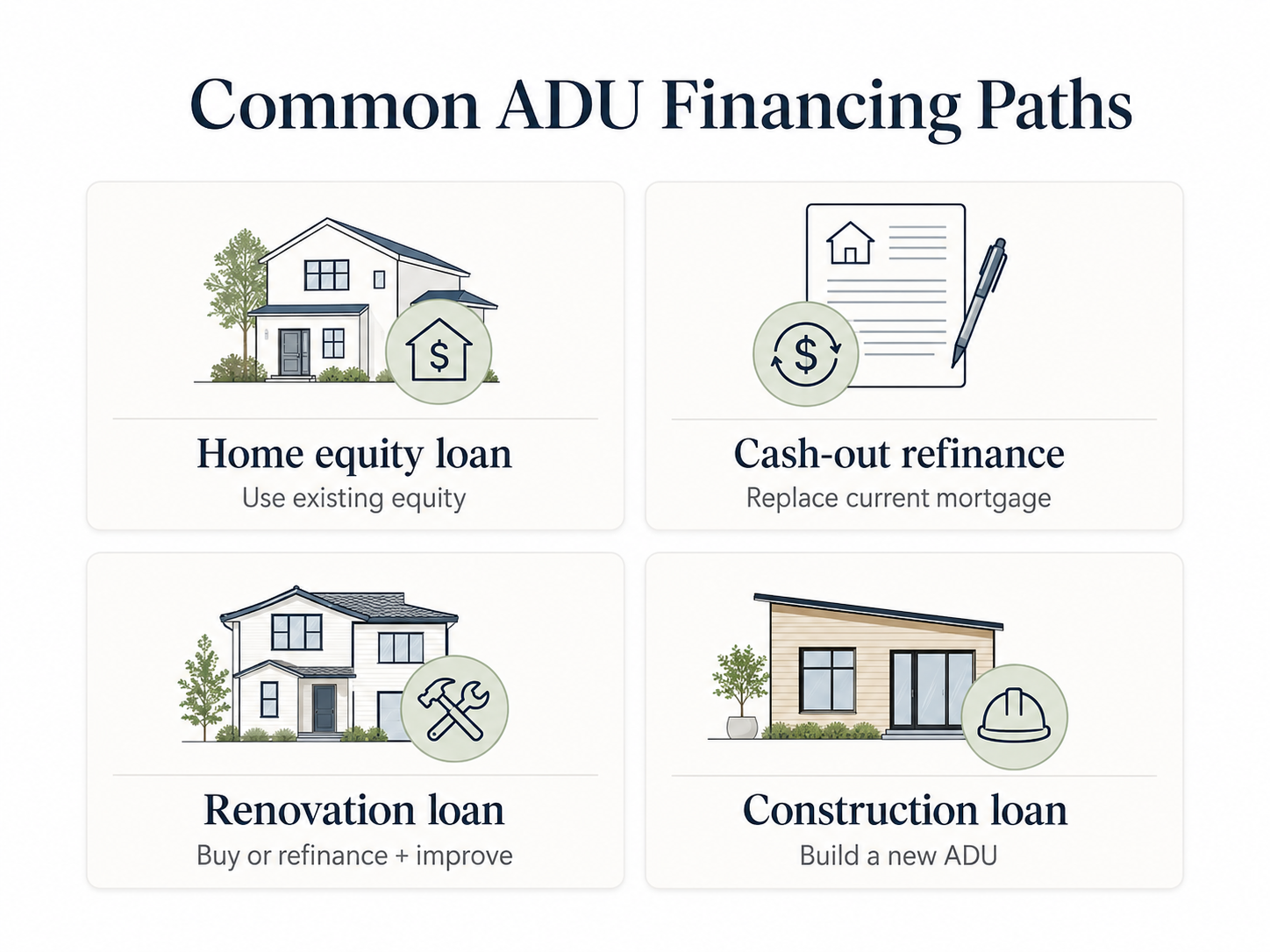 Infographic showing the four NAF ADU financing paths: construction loan, HELOC, renovation loan, cash-out refinance