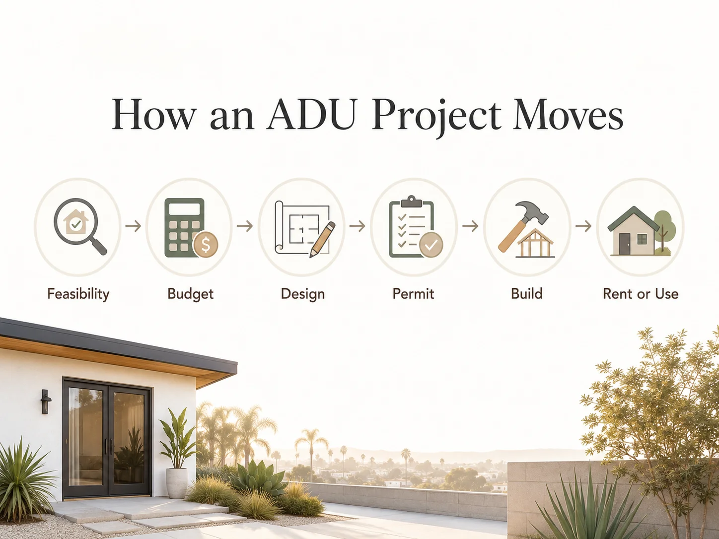 Diagram showing how a National City ADU project moves from feasibility through budget, design, permit, build, and rent or use