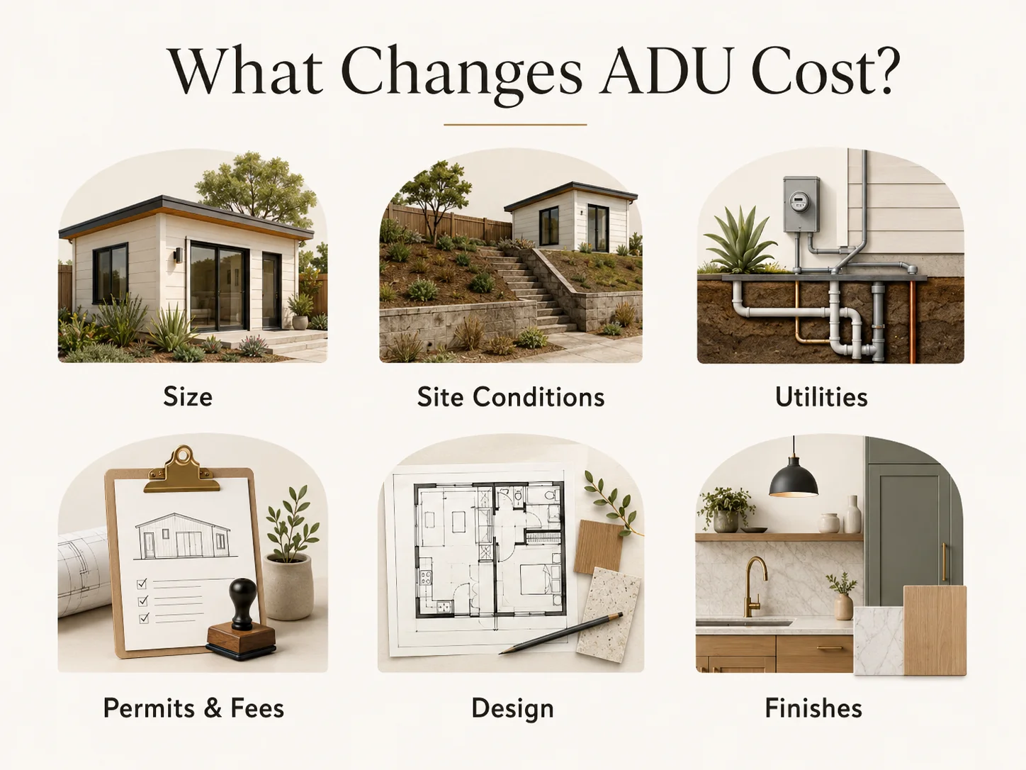 Infographic showing six factors that change ADU cost: size, site conditions, utilities, permits and fees, design, and finishes