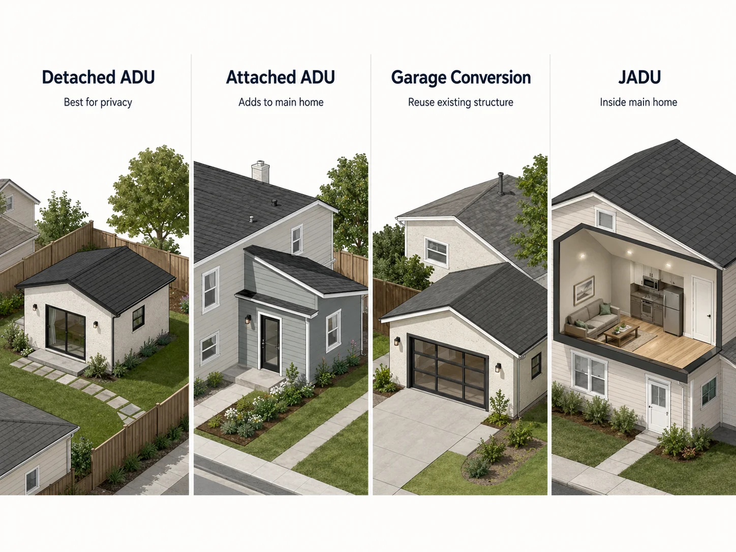 The four National City ADU paths compared — detached, attached, garage conversion, and JADU — showing cost, time, and site requirements.